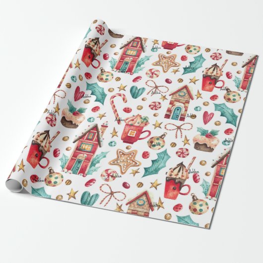 Roll, Naam op Magisch Snoep Huizen, Sweets Pattern Cadeaupapier (Uitgerold)