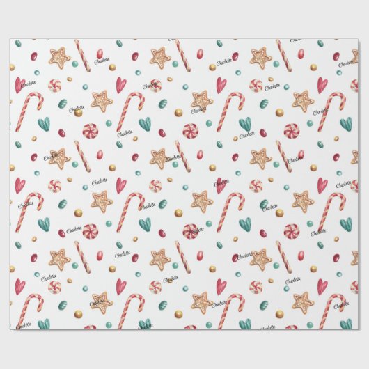 Roll, Naam op Whimsy Holiday Snoep Pattern Cadeaupapier (Vlak)