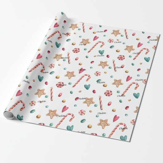 Roll, Naam op Whimsy Holiday Snoep Pattern Cadeaupapier (Uitgerold)