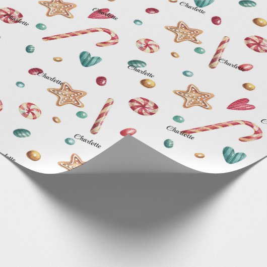 Roll, Naam op Whimsy Holiday Snoep Pattern Cadeaupapier (Hoek)