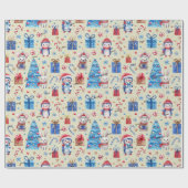 Roll, Name Holiday Animals Rood-Blauw Whimsy Patro Cadeaupapier (Vlak)