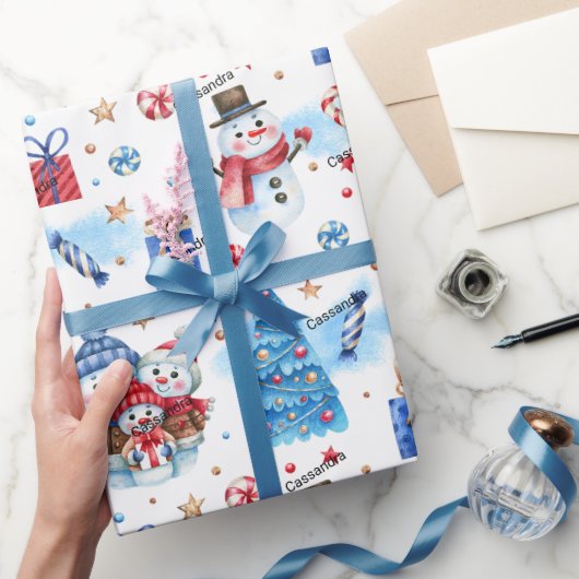 Roll, Name Holiday Snowmen Familie Rood-Blauw Patr Cadeaupapier (Geschenken)