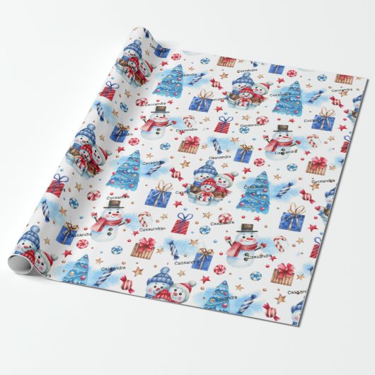 Roll, Name Holiday Snowmen Familie Rood-Blauw Patr Cadeaupapier (Uitgerold)