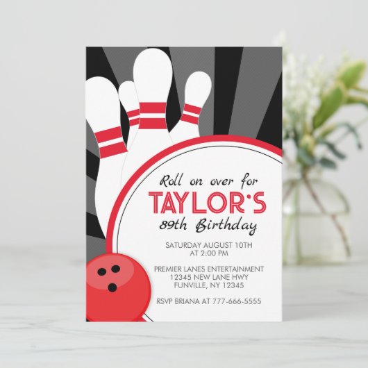 Roll over bowling party uitnodiging (Staand voorkant)