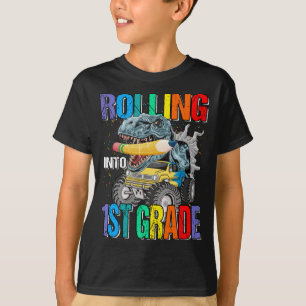 Rollen in 1e klas monstertruck dinosaurusjongens t-shirt