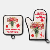 Rollen in de kerstgeest wit ovenwant & pannenlap set (Voorkant)