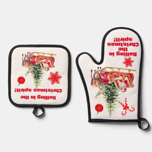 Rollen in de kerstgeest  wit ovenwant & pannenlap set (Voorkant)