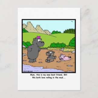 Rollen in de modder: Cartoon Pig en Hippopotamus Briefkaart
