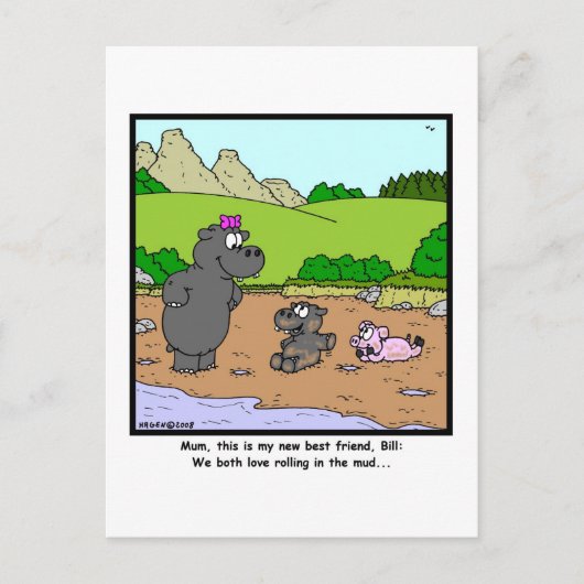 Rollen in de modder: Cartoon Pig en Hippopotamus Briefkaart (Voorkant)