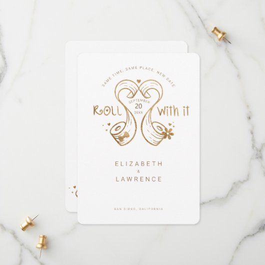 Rollen met IT-bride en groompapier — Heart Gold Save The Date (Voorkant / Achterkant in situ)