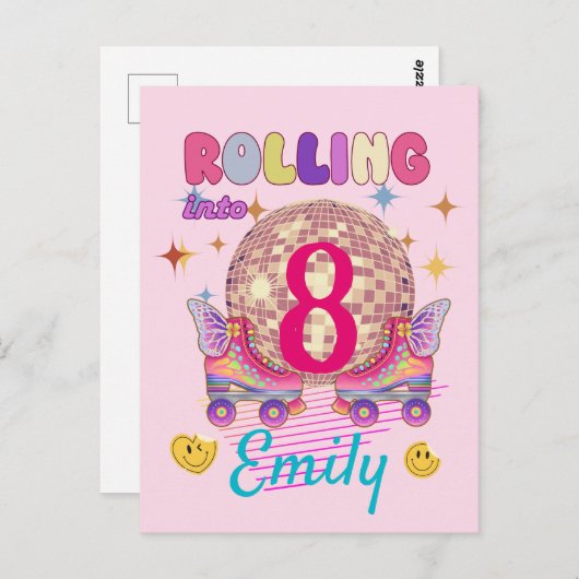 Rollend naar Skate Roller Verjaardagsmeisje Matchi Briefkaart (Voorkant / Achterkant)