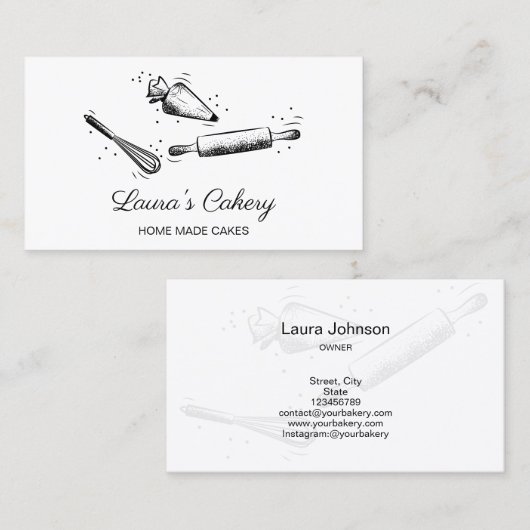 Rollende pin & whisk cupcake Bakkerij Zwart-wit Visitekaartje (Voorkant / Achterkant)