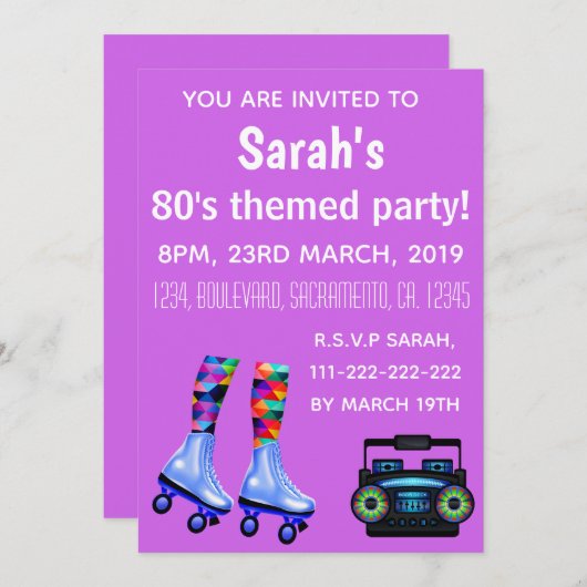 Rollende Schaatsen en Boombox. 80's Partij. Kaart (Voorkant / Achterkant)