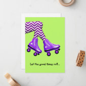 Rollende schaatsen met paarse sokken notitiekaartje (Voorkant / Achterkant in situ)