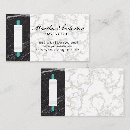 Rollenpin | Goudwitte marmer | Zwarte marmer Visitekaartje (Voorkant / Achterkant)