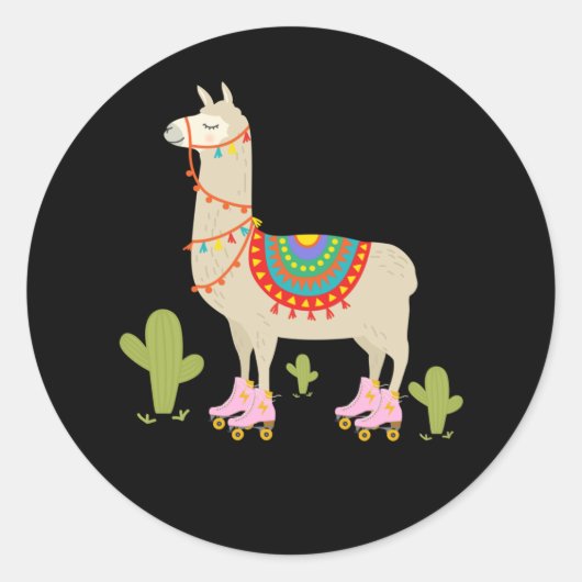 Rollenschaatsen Llama Retro Roller Skater Ronde Sticker (Voorkant)