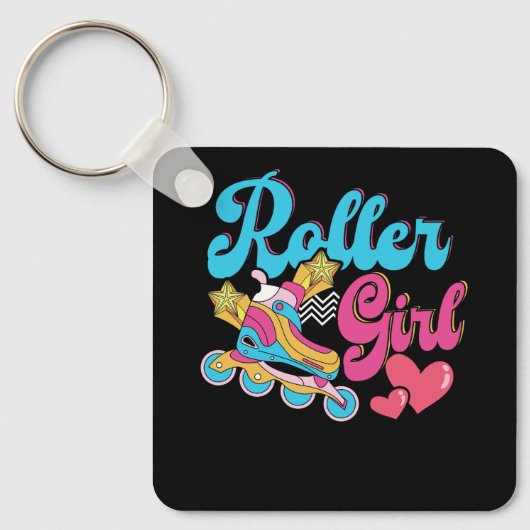 Roller Meisje Schaats Retro 70s 80s Rolling Schaat Sleutelhanger (Voorkant)