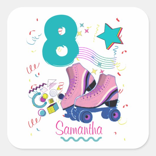 Roller Schaats Birthday Girl Retro Skating Vierkante Sticker (Voorkant)