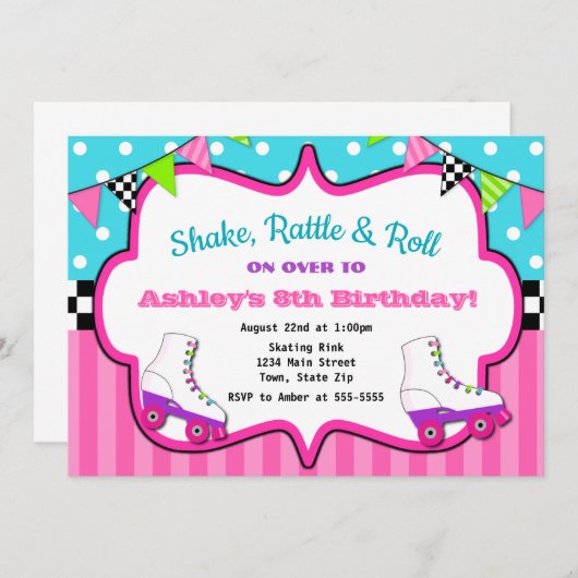 Roller Schaats Birthday Invitation SkateParty Kaart (Voorkant / Achterkant)
