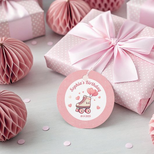 Roller Schaats en Pink Hearts verjaardagsfeestje v Bedankjes Labels