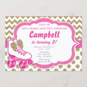 Roller Schaats Glitter Gold en Pink Birthday Invit Kaart