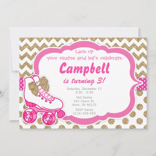 Roller Schaats Glitter Gold en Roze Verjaardag Uit Kaart (Voorkant)