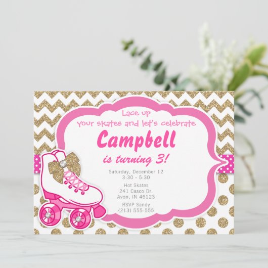 Roller Schaats Glitter Gold en Roze Verjaardag Uit Kaart (Staand voorkant)