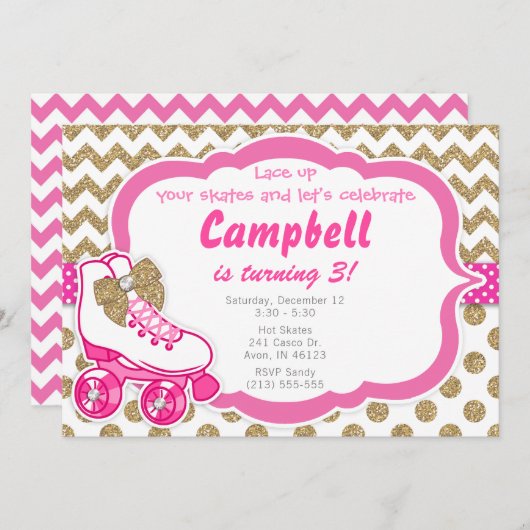 Roller Schaats Glitter Gold en Roze Verjaardag Uit Kaart (Voorkant / Achterkant)