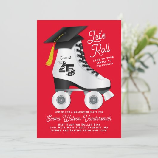 Roller Schaats Graduation Party Invitation Red Kaart (Staand voorkant)
