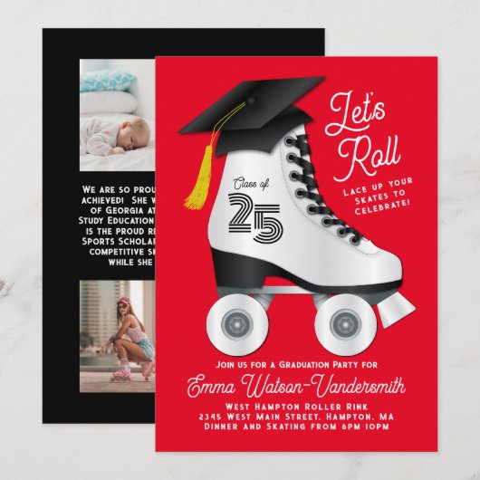 Roller Schaats Graduation Party Invitation Red Kaart (Voorkant / Achterkant)