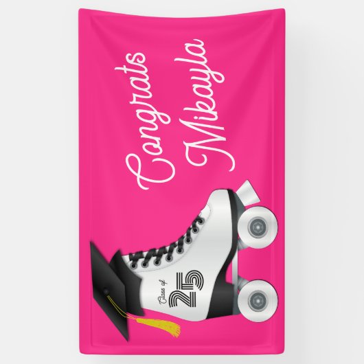 Roller Schaats Graduation Party Skating Rink Roze Spandoek (Verticaal)