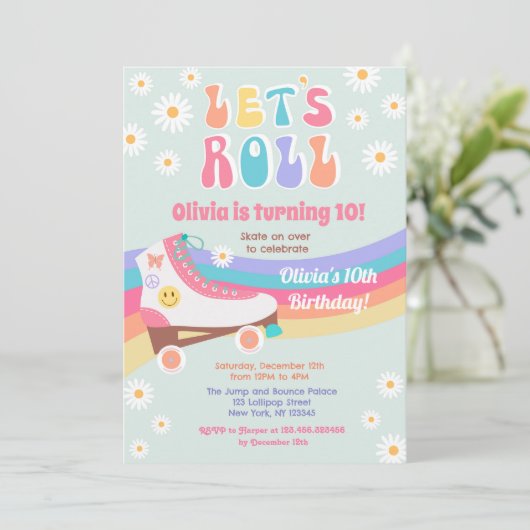 Roller Schaats Groovy Daisy Birthday Invitations Kaart (Staand voorkant)