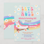 Roller Schaats Groovy Daisy Birthday Invitations Kaart (Voorkant / Achterkant)