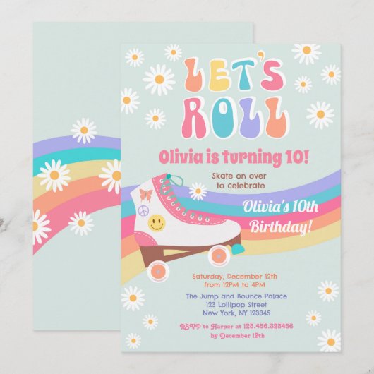 Roller Schaats Groovy Daisy Birthday Invitations Kaart (Voorkant / Achterkant)