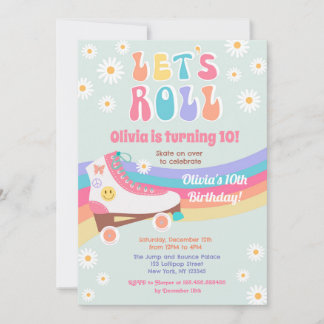 Roller Schaats Groovy Daisy Birthday Invitations Kaart