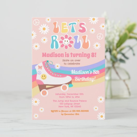 Roller Schaats Groovy Retro Birthday Uitnodigingen (Staand voorkant)