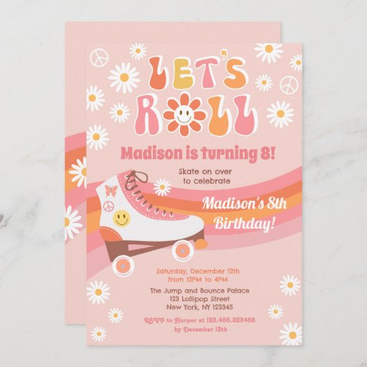 Roller Schaats Groovy Retro Birthday Uitnodigingen (Voorkant / Achterkant)