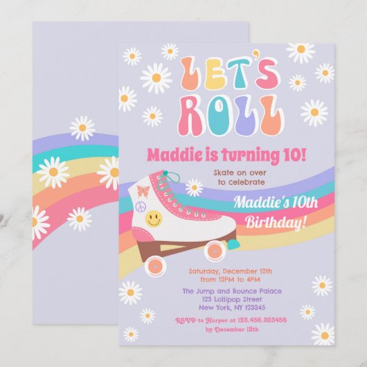 Roller Schaats Groovy Retro Birthday Uitnodigingen (Voorkant / Achterkant)