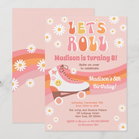 Roller Schaats Groovy Retro Birthday Uitnodigingen (Voorkant / Achterkant)