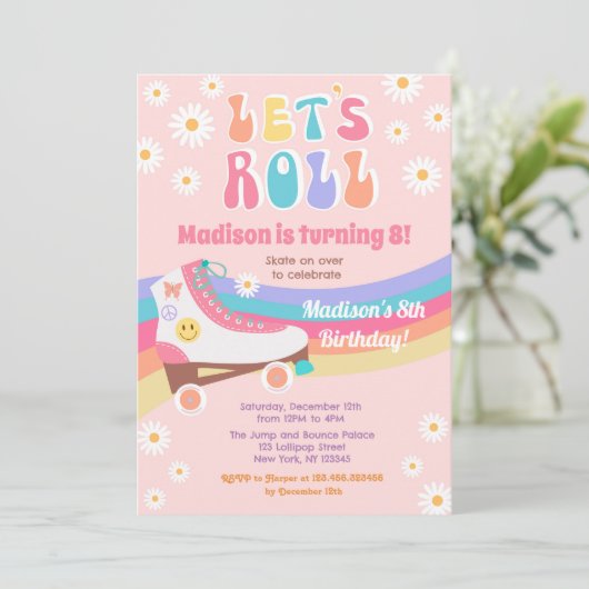 Roller Schaats Groovy Retro Birthday Uitnodigingen (Staand voorkant)