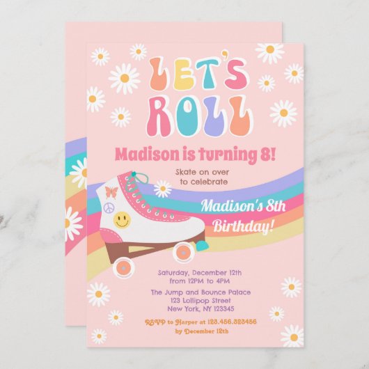Roller Schaats Groovy Retro Birthday Uitnodigingen (Voorkant / Achterkant)