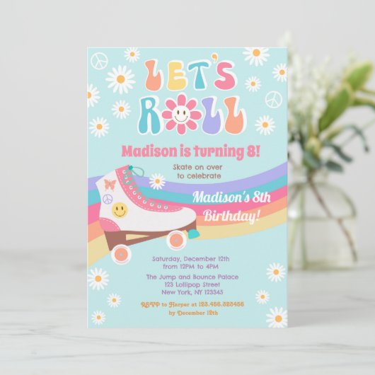 Roller Schaats Groovy Retro Birthday Uitnodigingen (Staand voorkant)