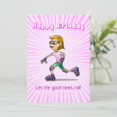 Roller Schaats Meisje Roze Verjaardag Kaart (Staand voorkant)