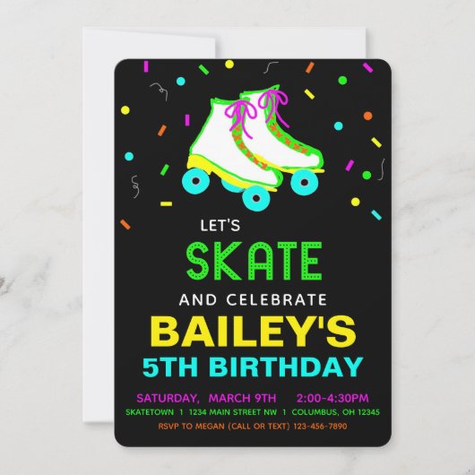 Roller Schaats Neon Birthday Party Kaart (Voorkant)