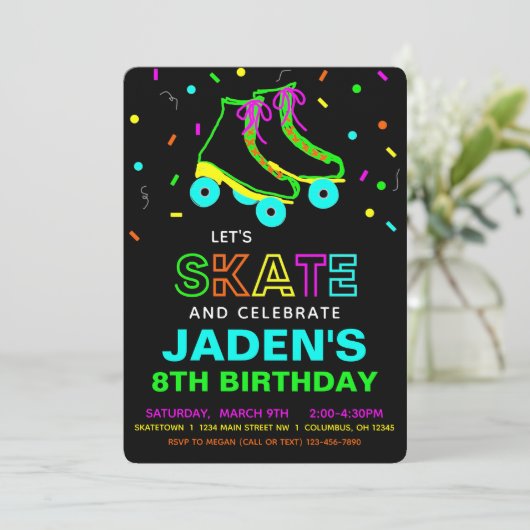 Roller Schaats Neon Birthday Party Kaart (Staand voorkant)