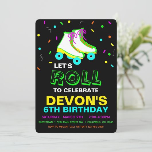 Roller Schaats Neon Birthday Party Kaart (Staand voorkant)