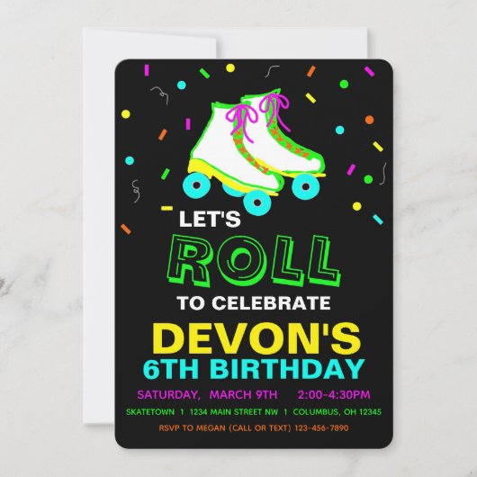 Roller Schaats Neon Birthday Party Kaart (Voorkant)