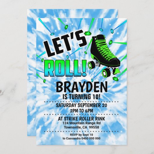 Roller Schaats Party Invitation Boy Tie Dye Blue Kaart (Voorkant / Achterkant)