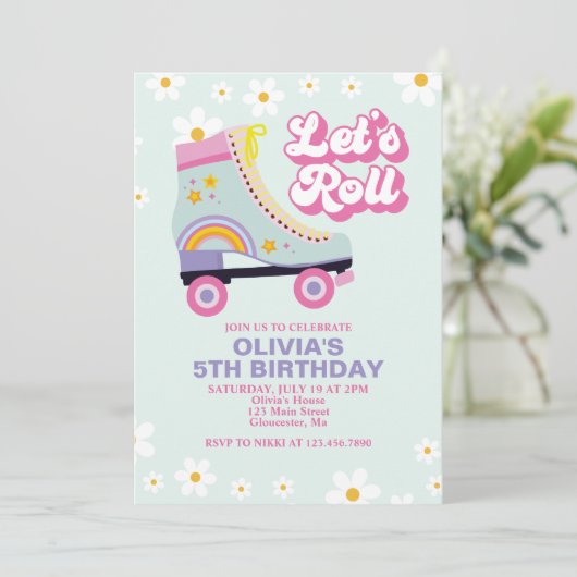 Roller schaats Retro Daisy Birthday Kaart (Staand voorkant)