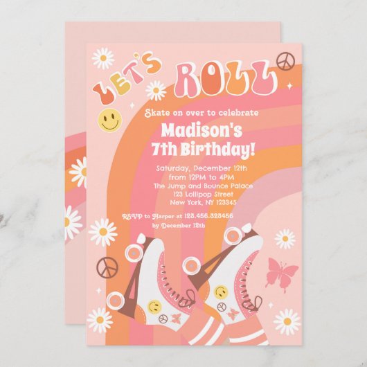 Roller Schaats Retro Groovy Birthday Invitations Kaart (Voorkant / Achterkant)